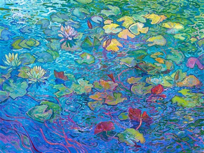 Modern master of impressionism Erin Hanson follows in the footsteps of Monet and the first impressionists in capturing the beauty and movement of water lilies among water reflections. Thick brush strokes are laid side-by-side to capture the transient beauty of the scene, in Hanson's iconic Open Impressionism style.

"Water Lilies in Bloom" is an original oil painting done on 1-1/2" deep canvas. The piece arrives framed in a burnished gold leaf floater frame, the perfect blend of traditional and contemporary.